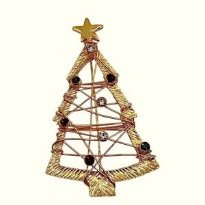 Vintage Gold-Tone Christmas Tree Brooch • Open Work Wire Design Rhinestone  3"